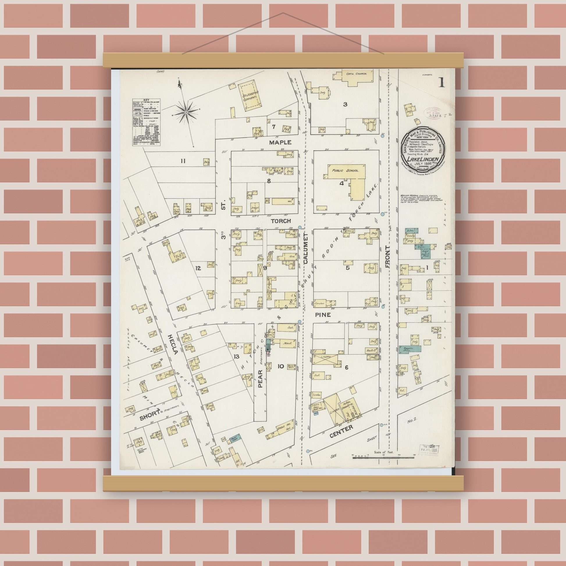 Old map wall art mockup — magnetic wood frame on brick wall — Sanborn Fire Insurance Map from Lake Linden, Houghton County, Michigan (1888) - Complete Map Set