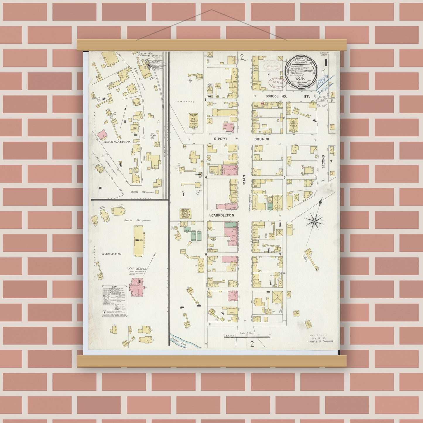 Old map wall art mockup — magnetic wood frame on brick wall — Sanborn Fire Insurance Map from Scio, Harrison County, Ohio (1899), Sheet #0001