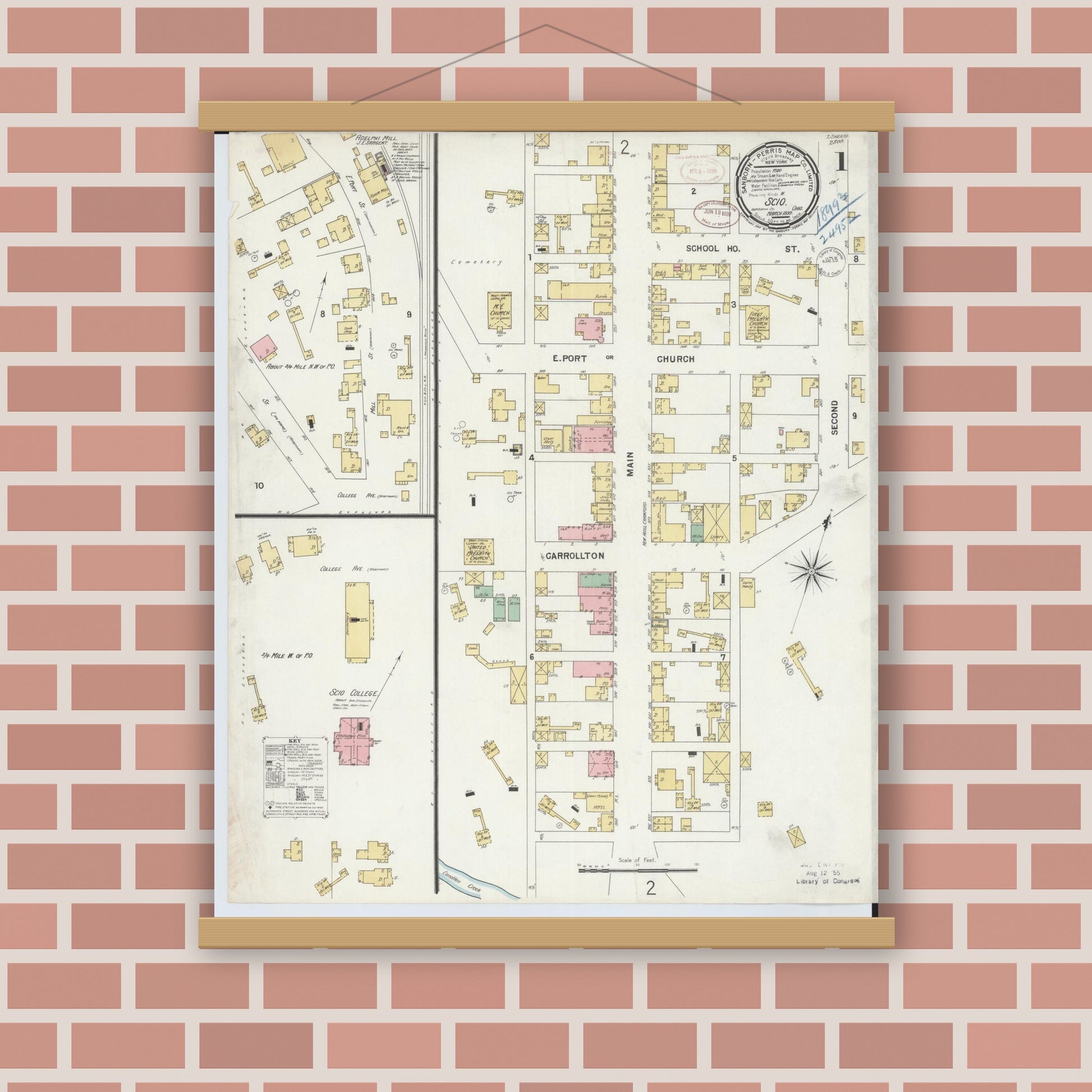 Old map wall art mockup — magnetic wood frame on brick wall — Sanborn Fire Insurance Map from Scio, Harrison County, Ohio (1899), Sheet #0001