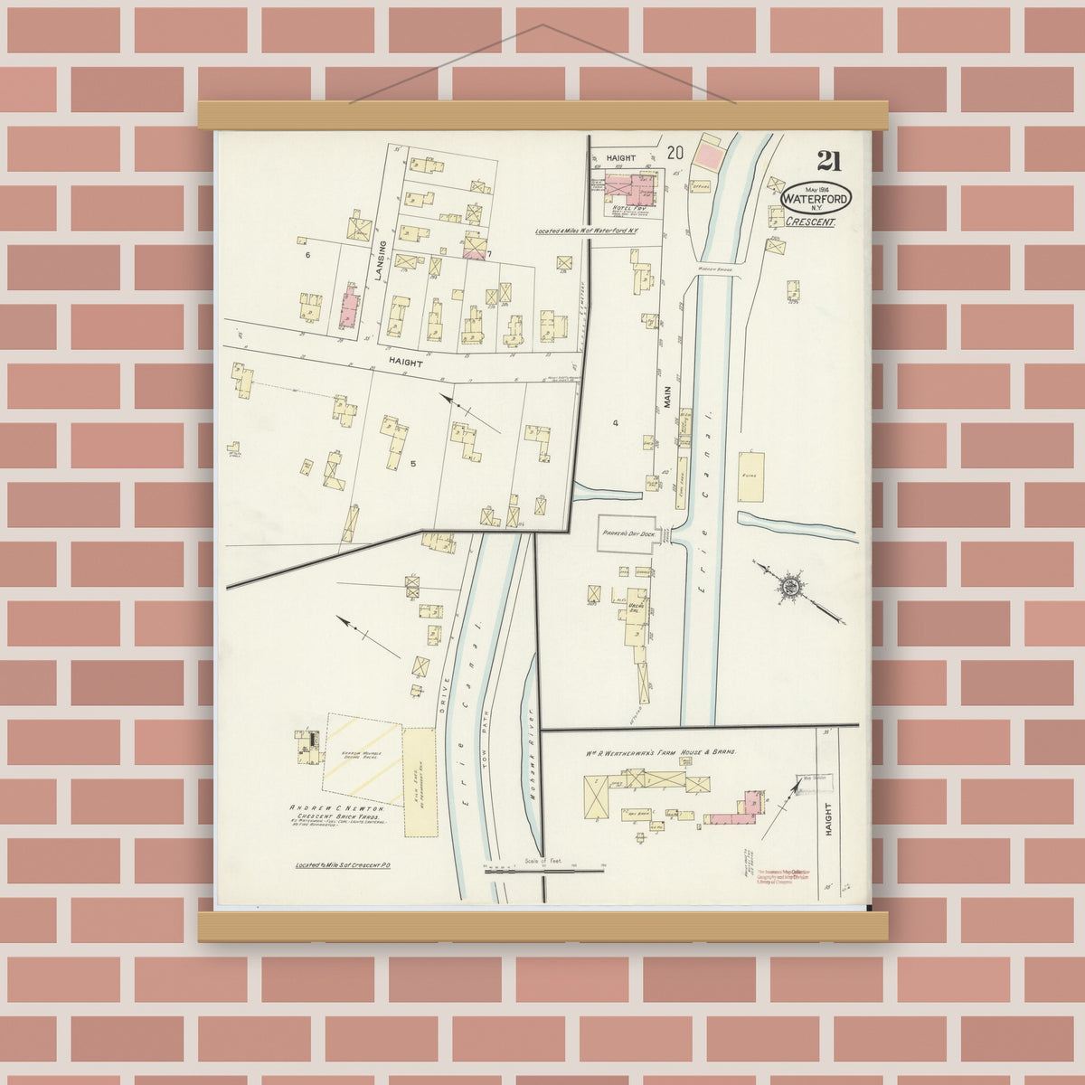 Old map wall art mockup — magnetic wood frame on brick wall — Sanborn Fire Insurance Map from Waterford, Saratoga County, New York (1914), Sheet #0021