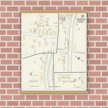 Old map wall art mockup — magnetic wood frame on brick wall — Sanborn Fire Insurance Map from Waterford, Saratoga County, New York (1914), Sheet #0021