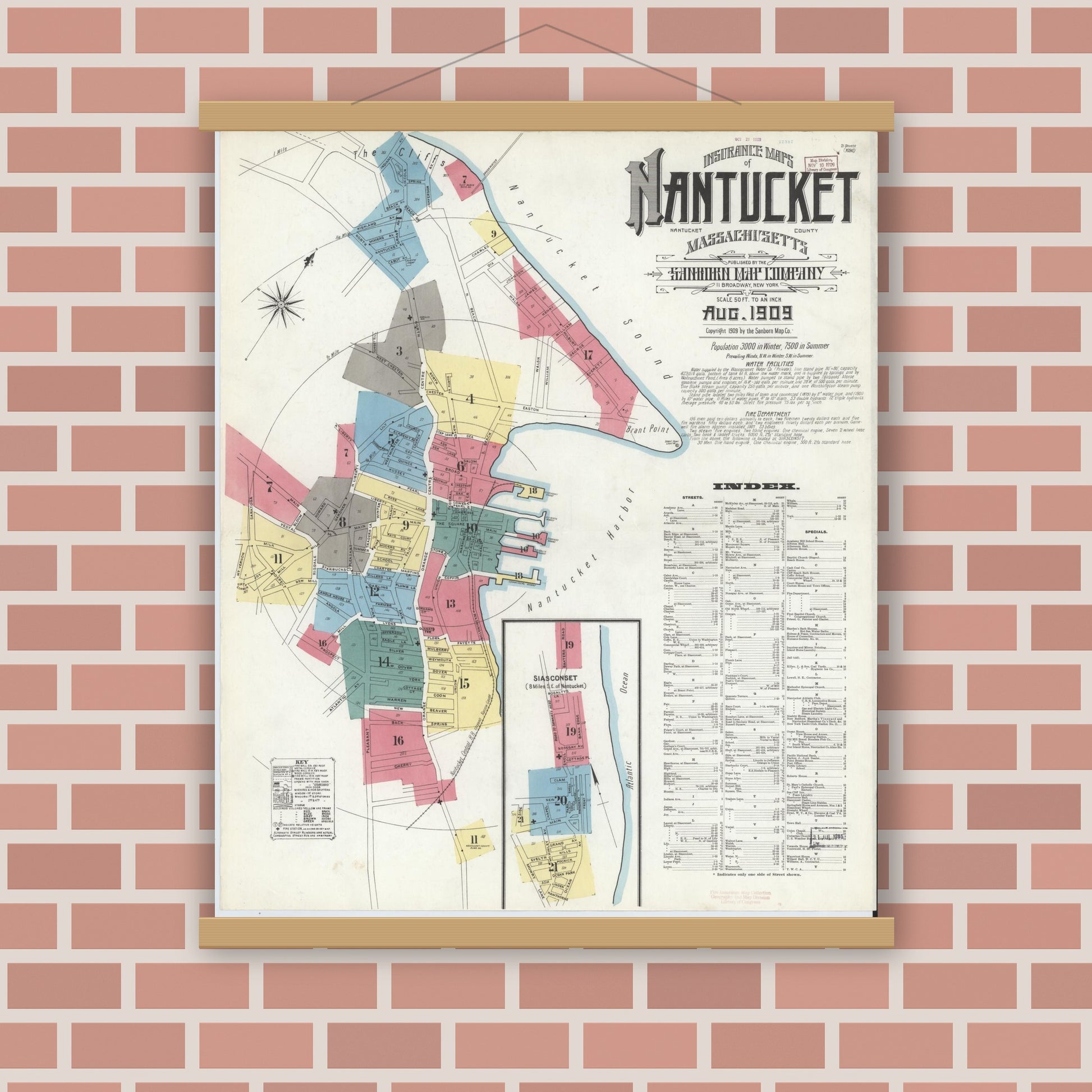 Old map wall art mockup — magnetic wood frame on brick wall — Sanborn Fire Insurance Map from Nantucket, Nantucket County, Massachusetts (1909) - Complete Map Set