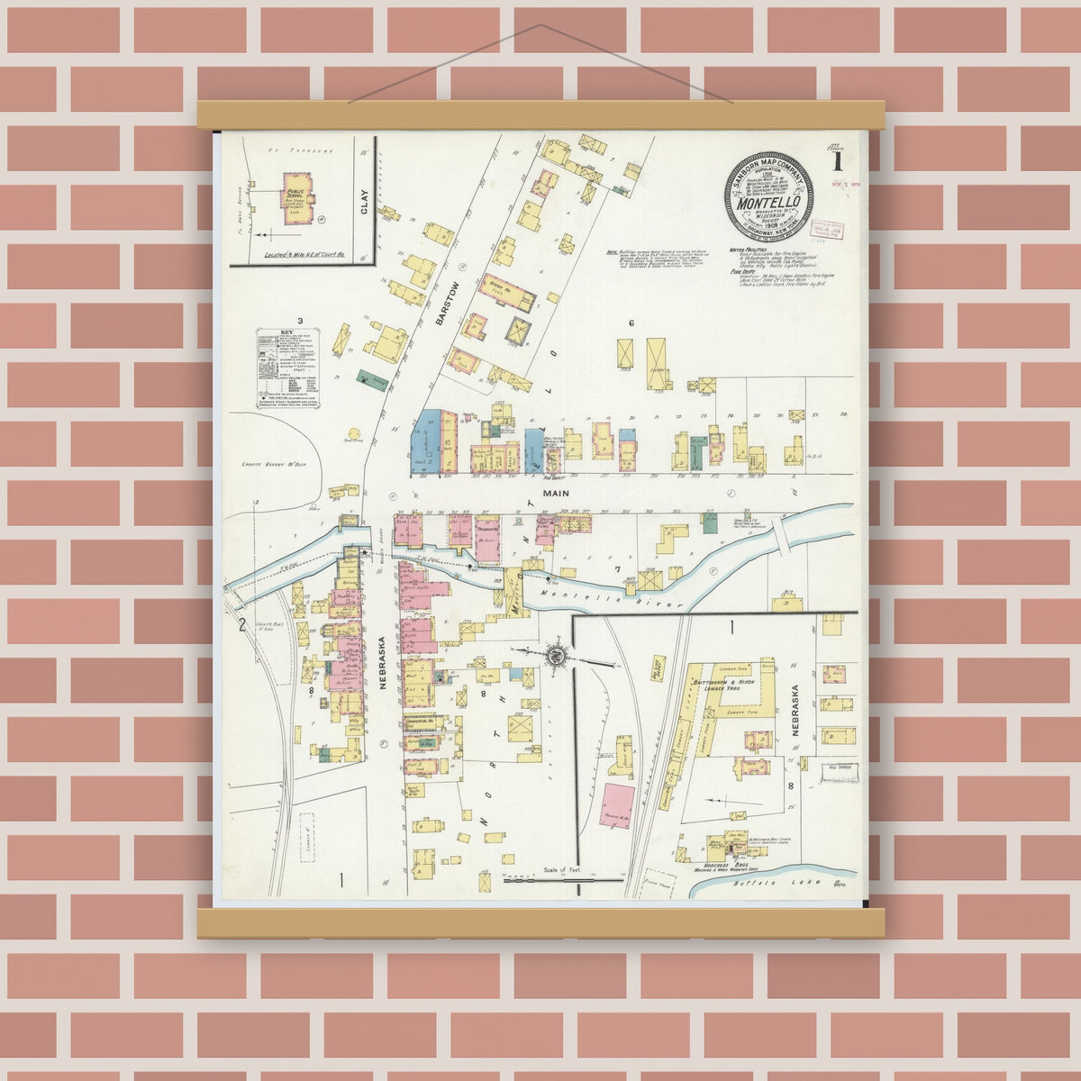 Old map wall art mockup — magnetic wood frame on brick wall — Sanborn Fire Insurance Map from Montello, Marquette County, Wisconsin (1909) - Complete Map Set