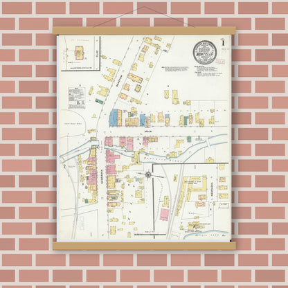 Old map wall art mockup — magnetic wood frame on brick wall — Sanborn Fire Insurance Map from Montello, Marquette County, Wisconsin (1909) - Complete Map Set