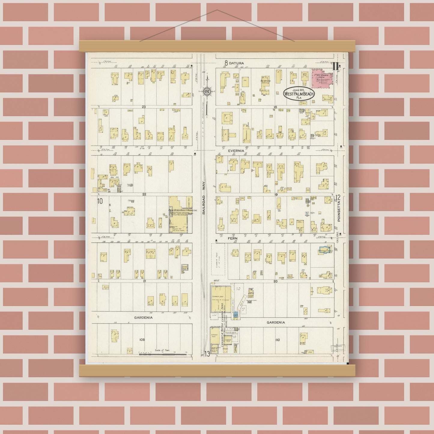 Old map wall art mockup — magnetic wood frame on brick wall — Sanborn Fire Insurance Map from West Palm Beach, Dade County, Florida (1915), Sheet #0011