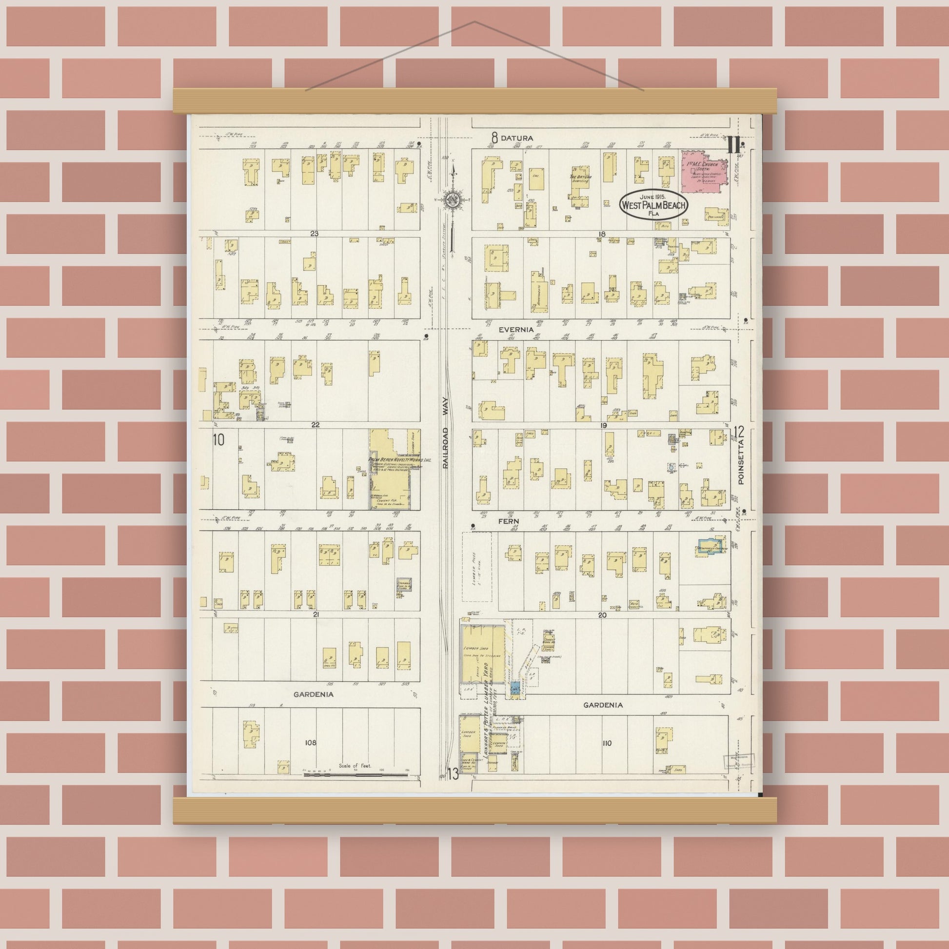 Old map wall art mockup — magnetic wood frame on brick wall — Sanborn Fire Insurance Map from West Palm Beach, Dade County, Florida (1915), Sheet #0011