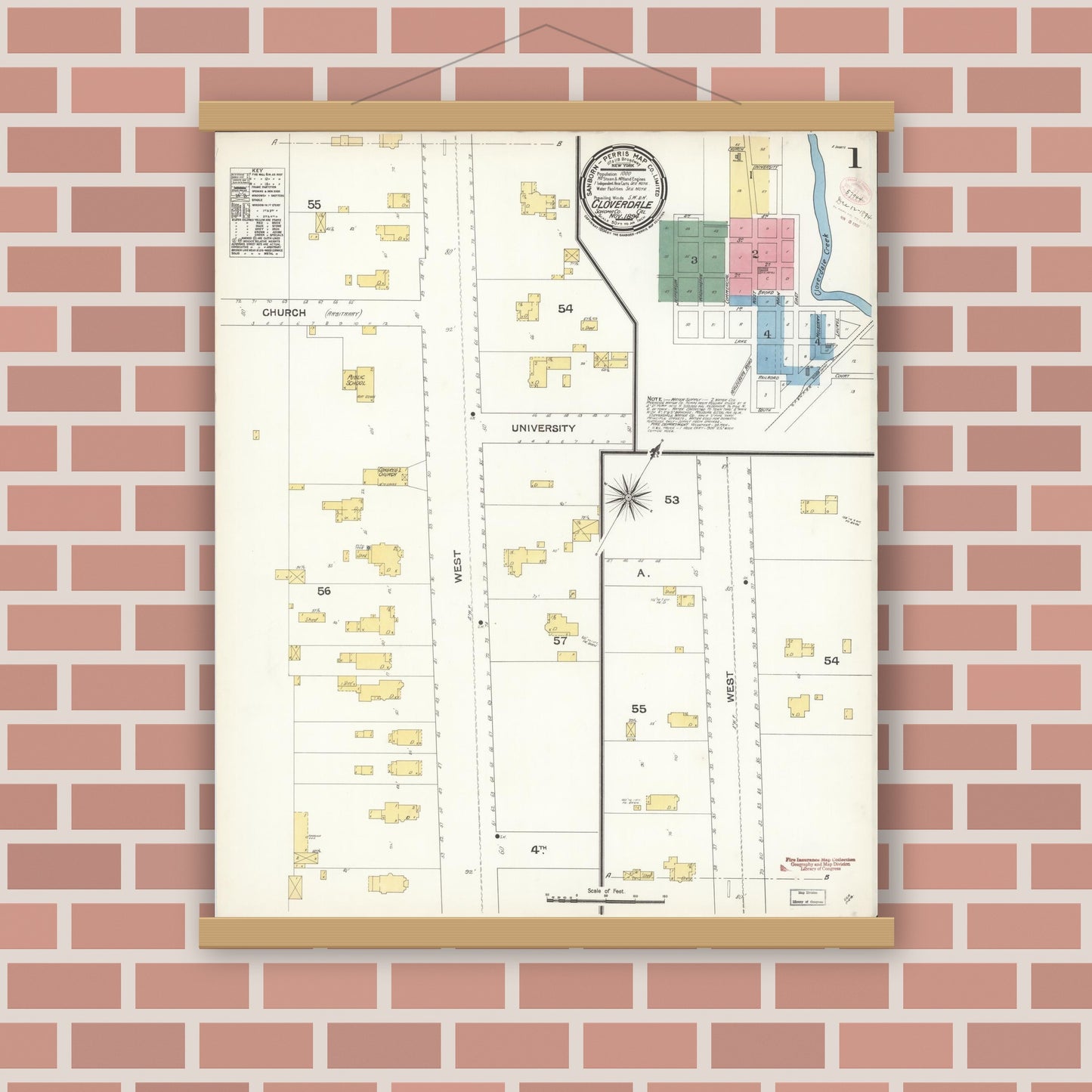 Old map wall art mockup — magnetic wood frame on brick wall — Sanborn Fire Insurance Map from Cloverdale, Sonoma County, California (1894) - Complete Map Set