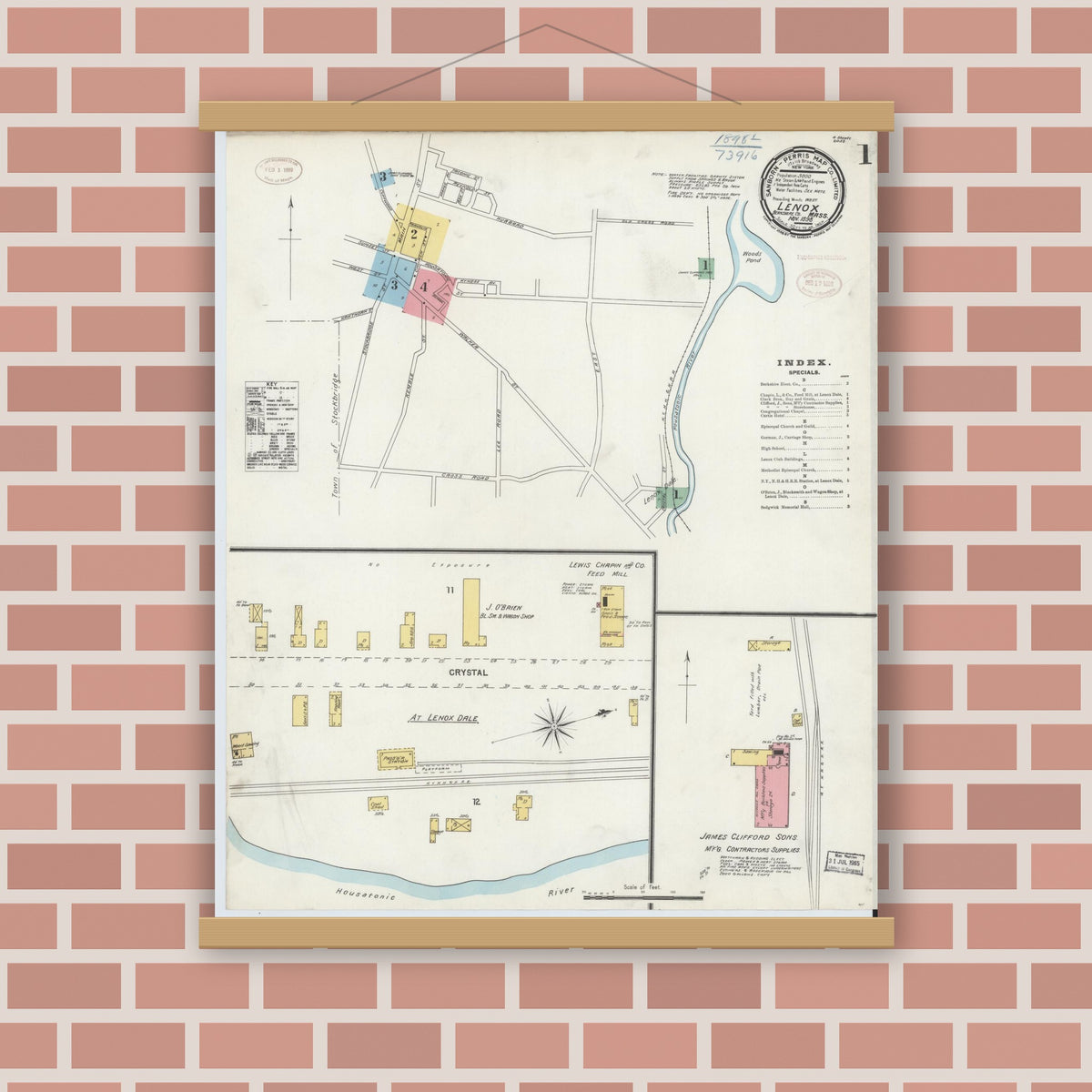 Old map wall art mockup — magnetic wood frame on brick wall — Sanborn Fire Insurance Map from Lenox, Berkshire County, Massachusetts (1898) - Complete Map Set