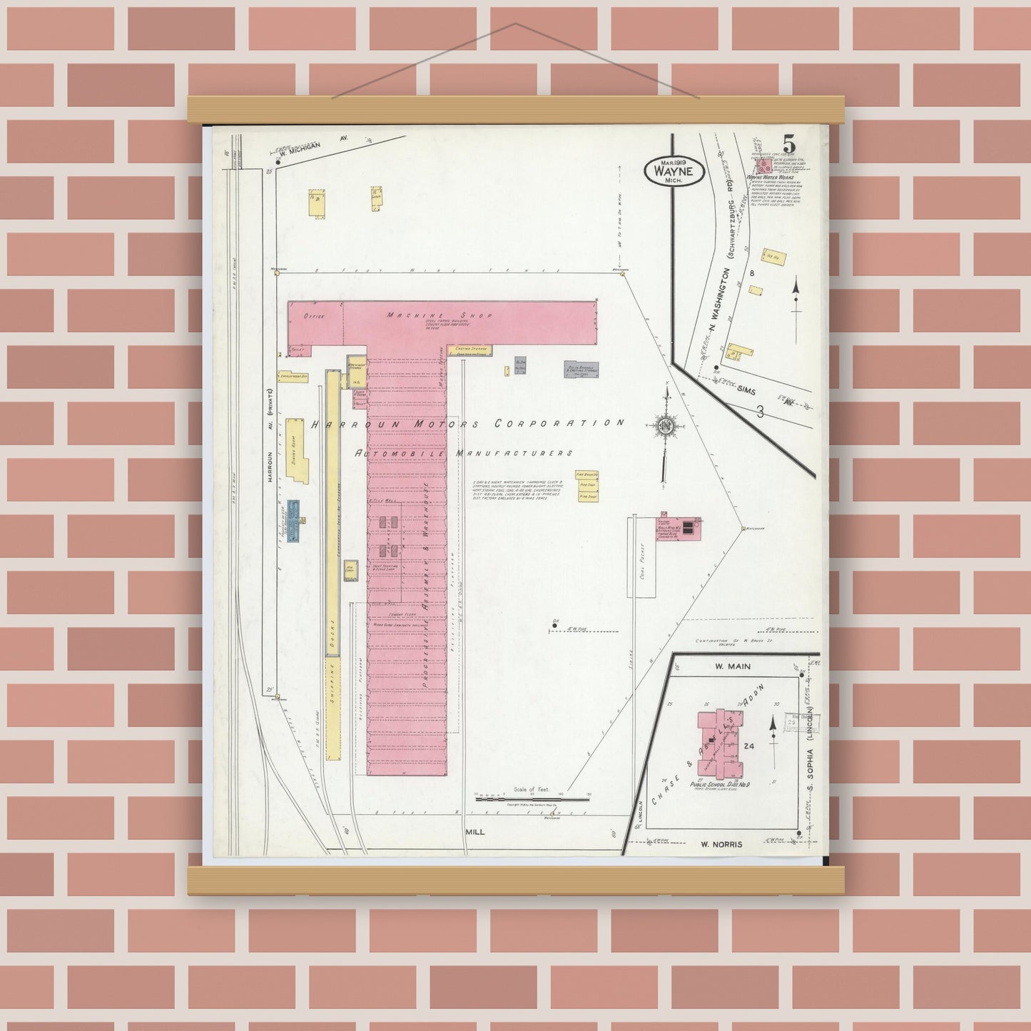 Old map wall art mockup — magnetic wood frame on brick wall — Sanborn Fire Insurance Map from Wayne, Wayne County, Michigan (1919), Sheet #0005