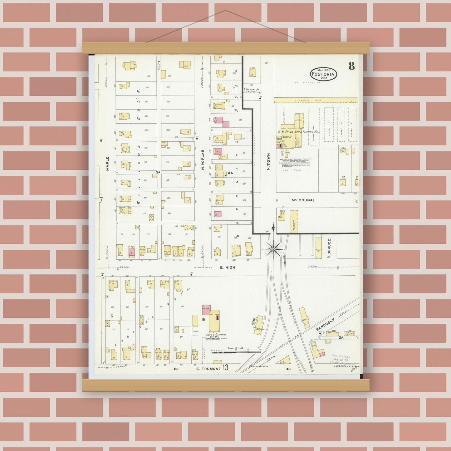Old map wall art mockup — magnetic wood frame on brick wall — Sanborn Fire Insurance Map from Fostoria, Seneca, Hancock, And Wood Counties, Ohio (1908), Sheet #0008