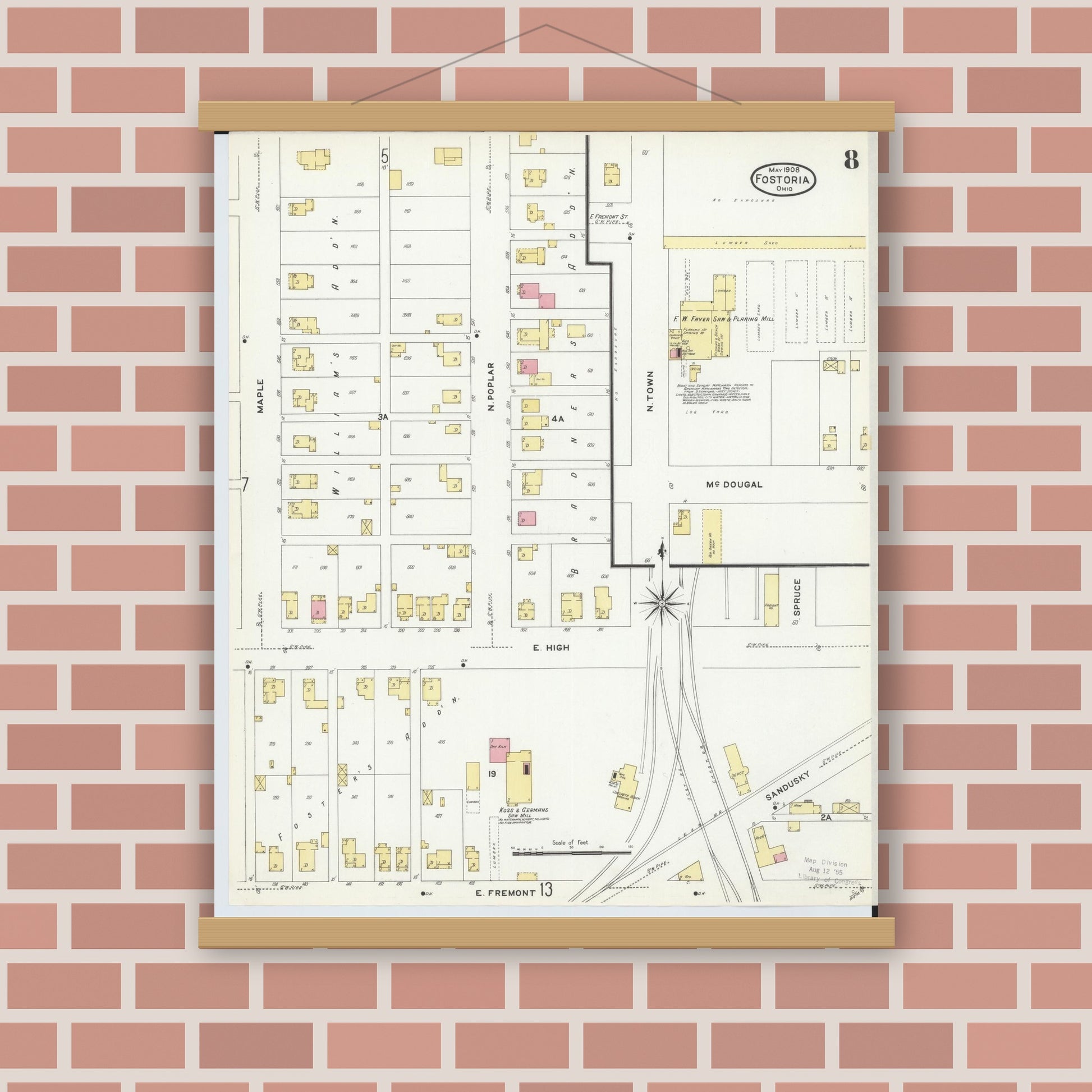 Old map wall art mockup — magnetic wood frame on brick wall — Sanborn Fire Insurance Map from Fostoria, Seneca, Hancock, And Wood Counties, Ohio (1908), Sheet #0008