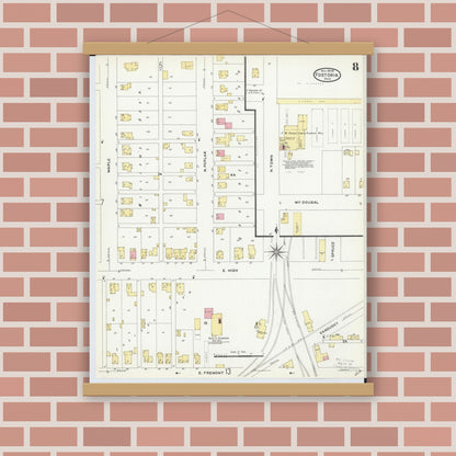Old map wall art mockup — magnetic wood frame on brick wall — Sanborn Fire Insurance Map from Fostoria, Seneca, Hancock, And Wood Counties, Ohio (1908), Sheet #0008