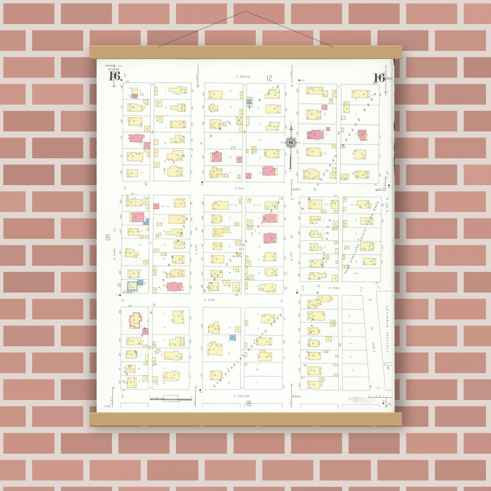 Old map wall art mockup — magnetic wood frame on brick wall — Sanborn Fire Insurance Map from Herrin, Williamson County, Illinois (1941), Sheet #0016