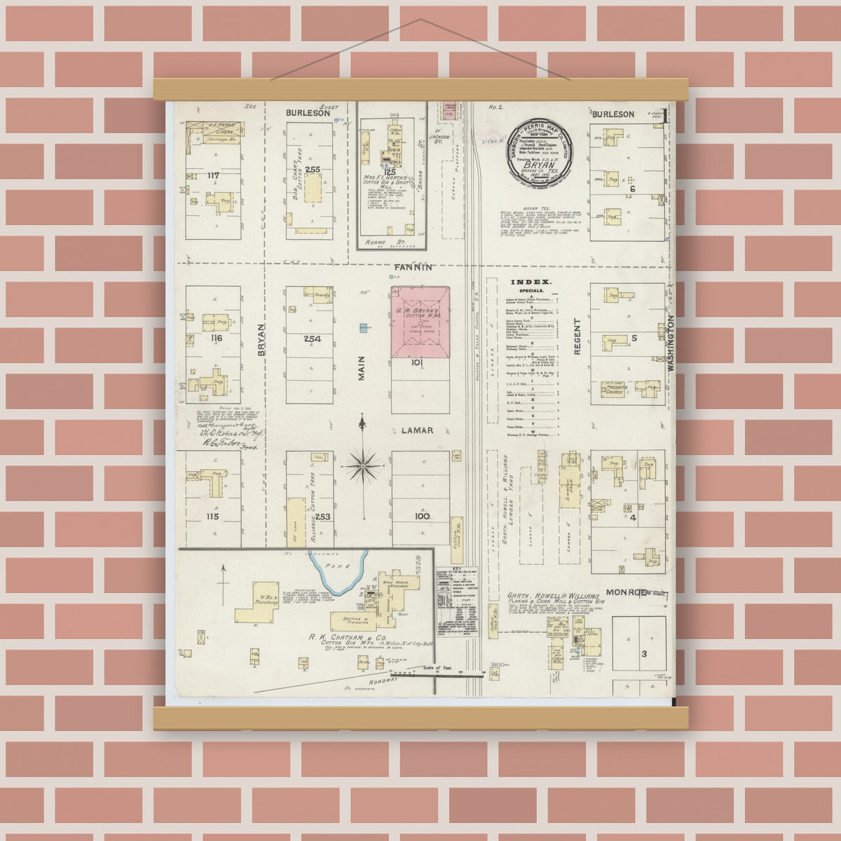 Old map wall art mockup — magnetic wood frame on brick wall — Sanborn Fire Insurance Map from Bryan, Brazos County, Texas (1891), Sheet #0001