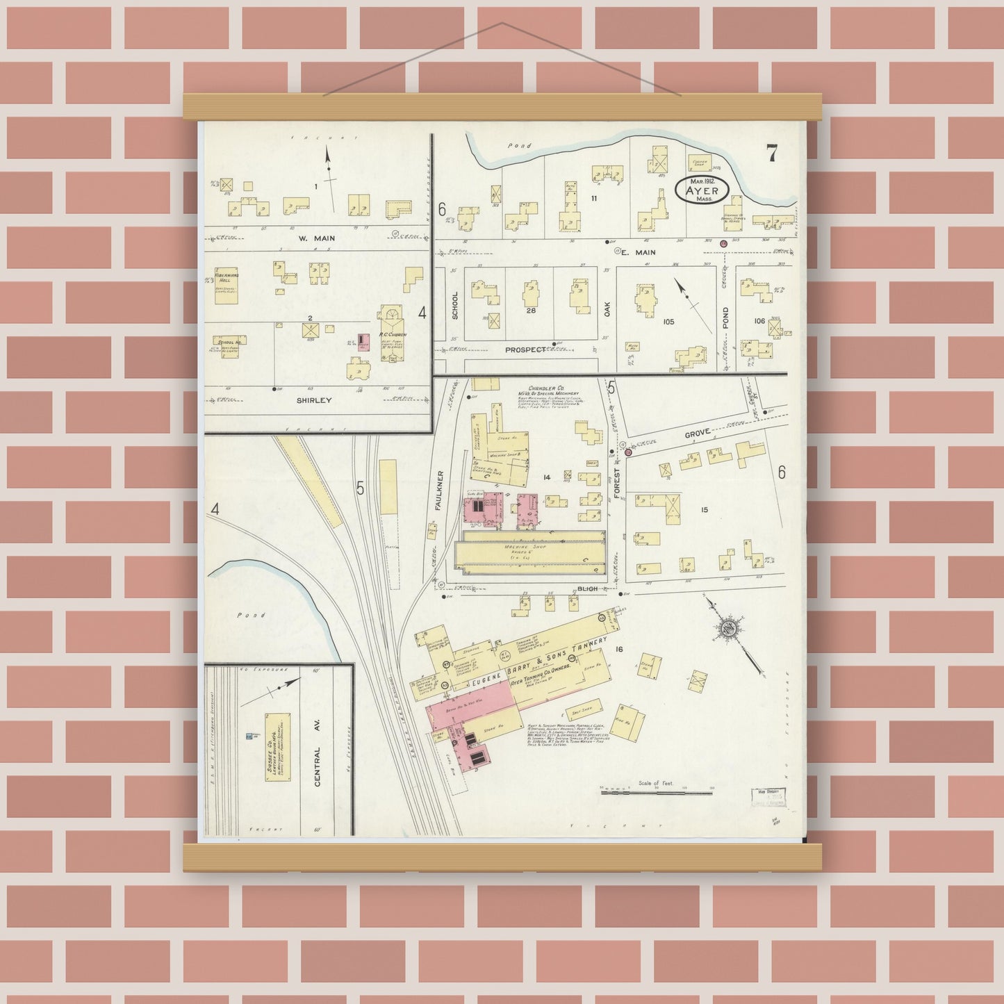 Old map wall art mockup — magnetic wood frame on brick wall — Sanborn Fire Insurance Map from Ayer, Middlesex County, Massachusetts (1912), Sheet #0007