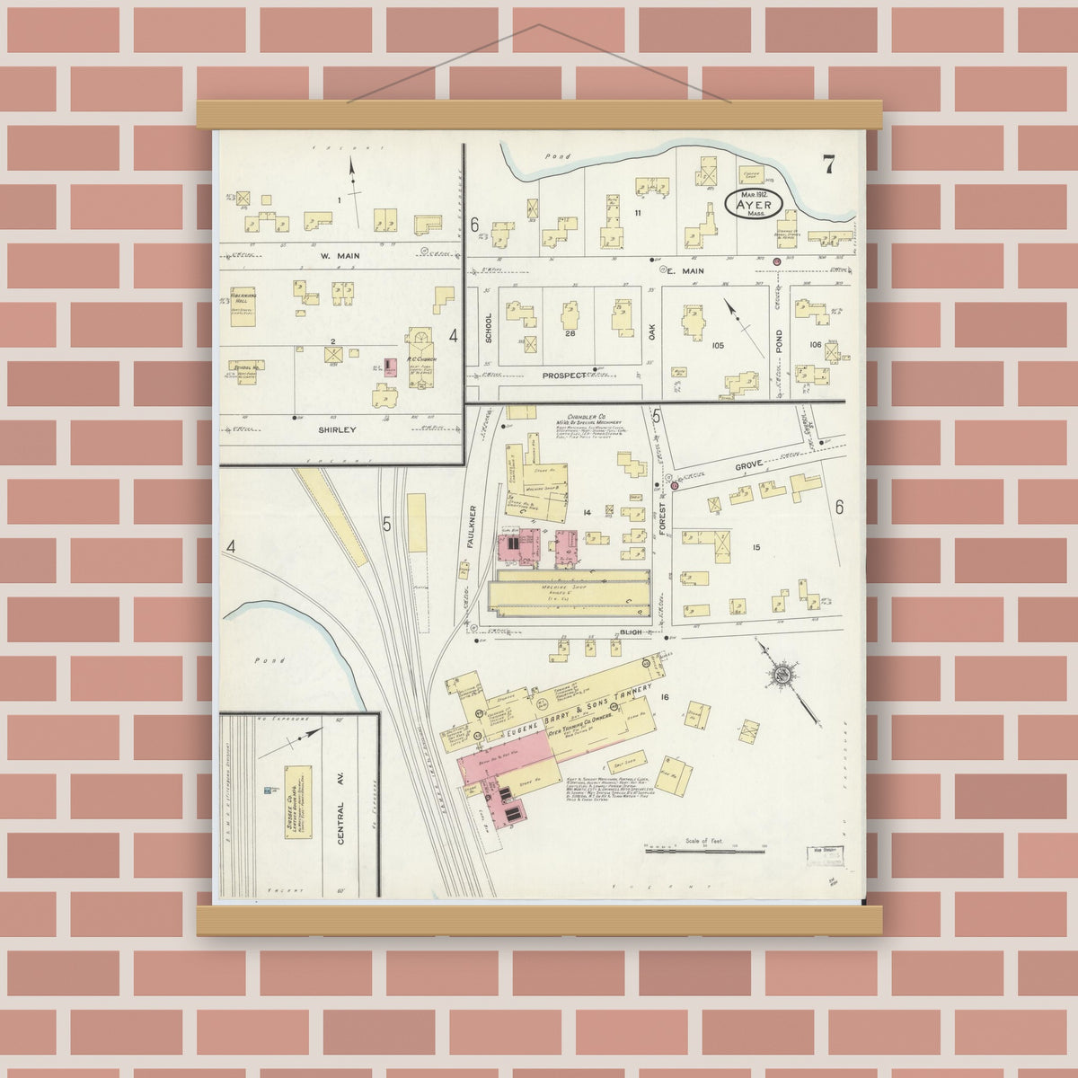 Old map wall art mockup — magnetic wood frame on brick wall — Sanborn Fire Insurance Map from Ayer, Middlesex County, Massachusetts (1912), Sheet #0007