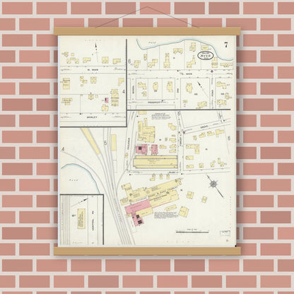Old map wall art mockup — magnetic wood frame on brick wall — Sanborn Fire Insurance Map from Ayer, Middlesex County, Massachusetts (1912), Sheet #0007