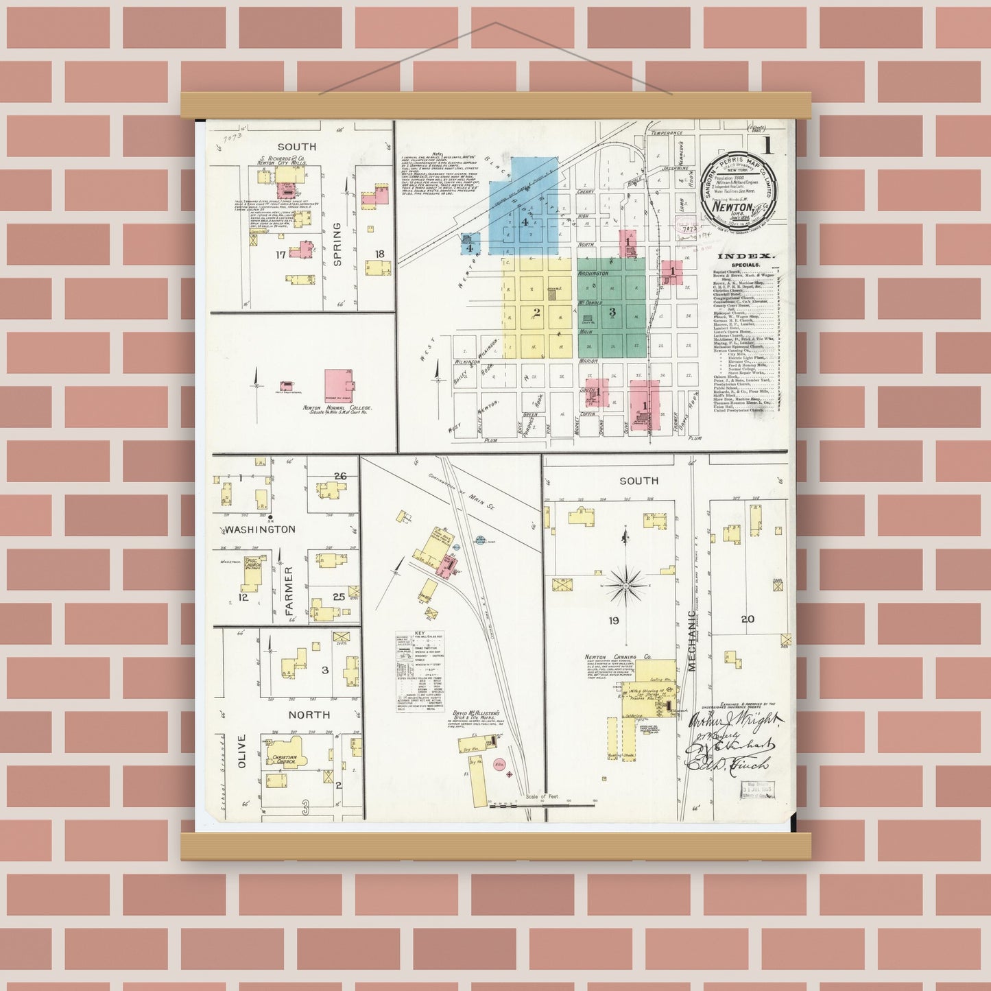 Old map wall art mockup — magnetic wood frame on brick wall — Sanborn Fire Insurance Map from Newton, Jasper County, Iowa (1894) â€” Complete Set
