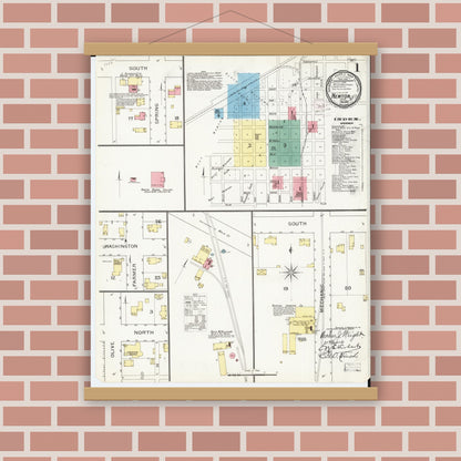 Old map wall art mockup — magnetic wood frame on brick wall — Sanborn Fire Insurance Map from Newton, Jasper County, Iowa (1894) â€” Complete Set