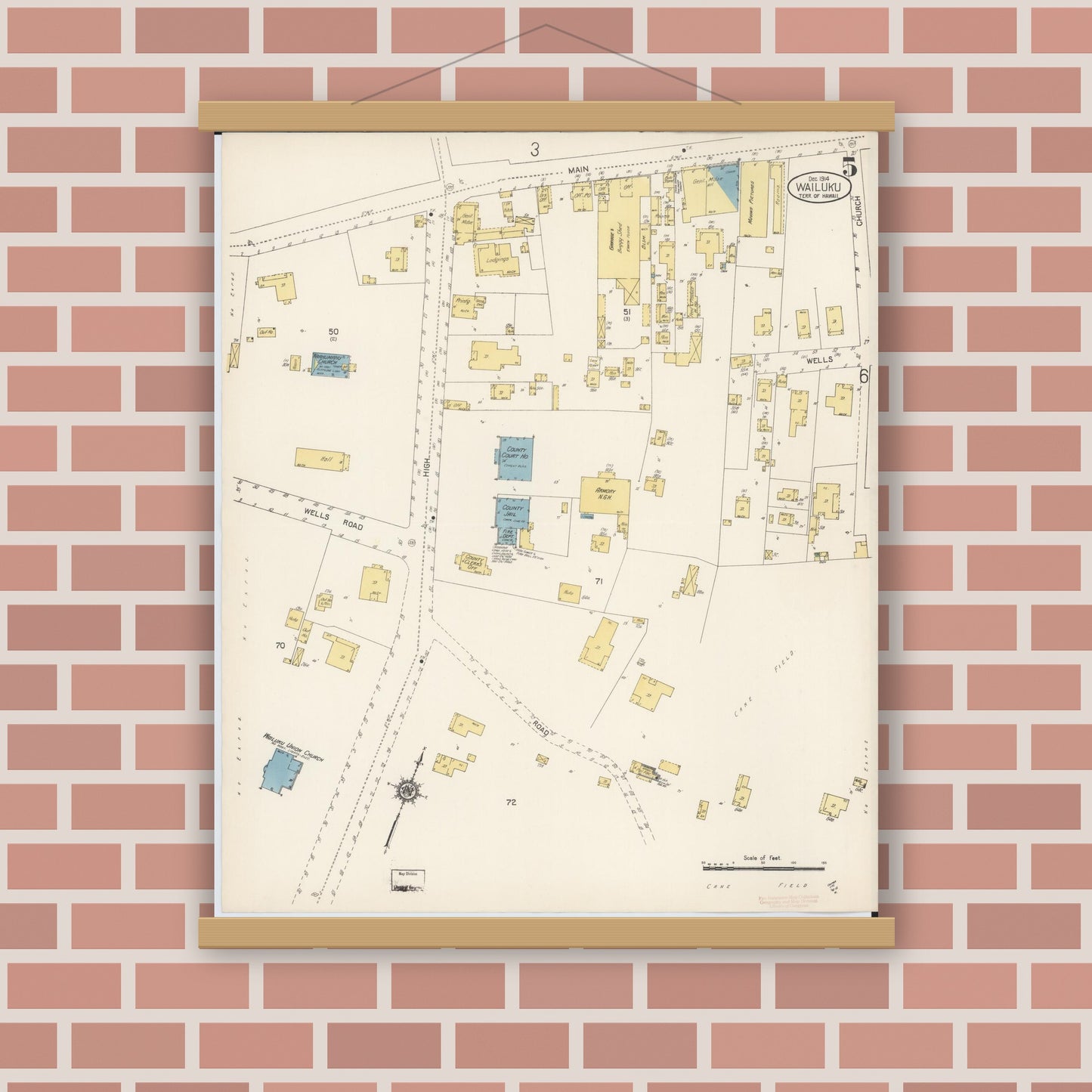 Old map wall art mockup — magnetic wood frame on brick wall — Sanborn Fire Insurance Map from Wailuku, Maui County, Hawaii (1914), Sheet #0005