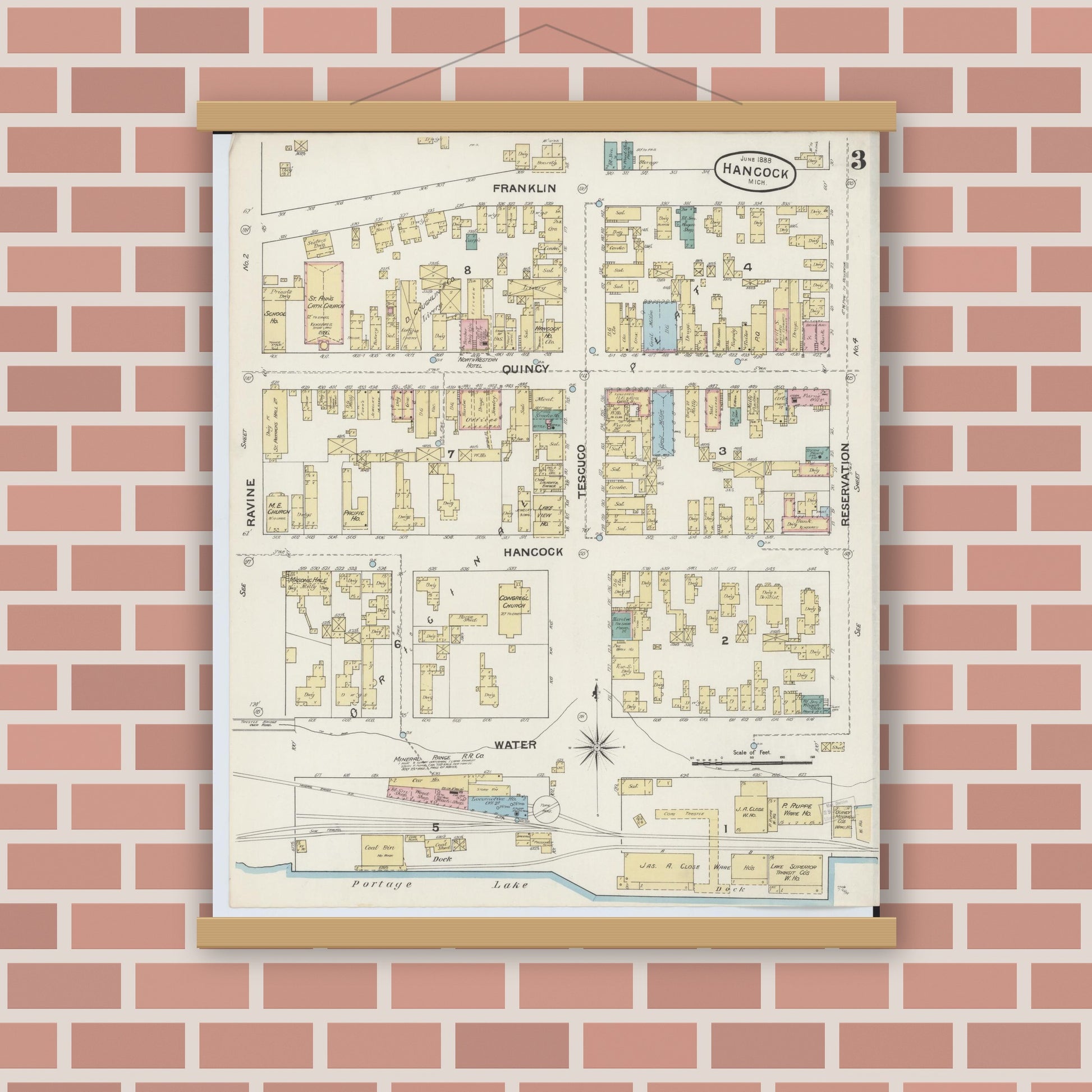 Old map wall art mockup — magnetic wood frame on brick wall — Sanborn Fire Insurance Map from Houghton, Houghton County, Michigan (1888), Sheet #0003