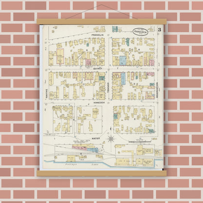 Old map wall art mockup — magnetic wood frame on brick wall — Sanborn Fire Insurance Map from Houghton, Houghton County, Michigan (1888), Sheet #0003