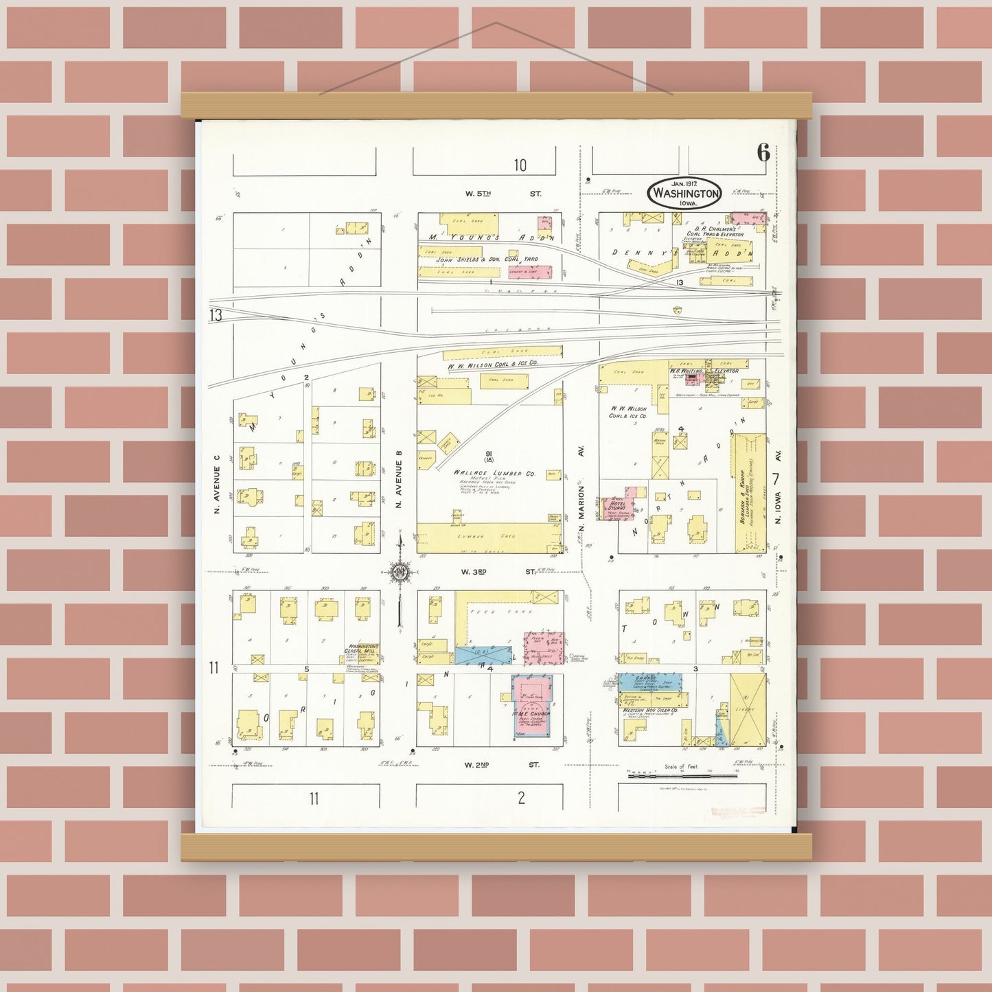 Old map wall art mockup — magnetic wood frame on brick wall — Sanborn Fire Insurance Map from Washington, Washington County, Iowa (1917), Sheet #0006