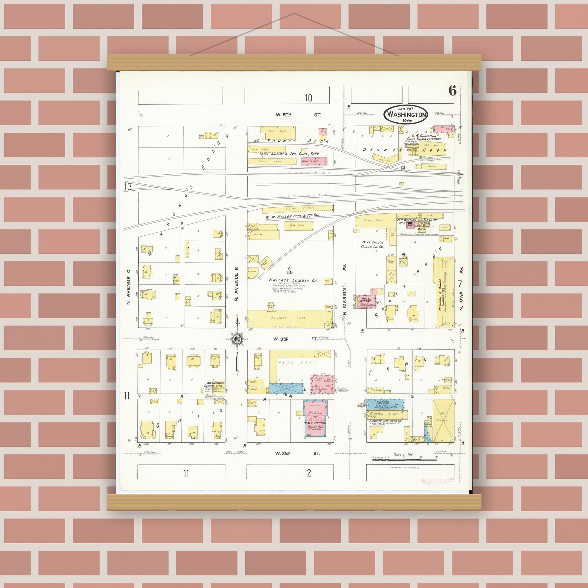Old map wall art mockup — magnetic wood frame on brick wall — Sanborn Fire Insurance Map from Washington, Washington County, Iowa (1917), Sheet #0006