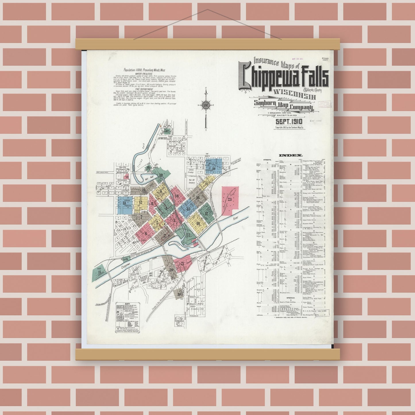 Old map wall art mockup — magnetic wood frame on brick wall — Sanborn Fire Insurance Map from Chippewa Falls, Chippewa County, Wisconsin (1910) - Complete Map Set