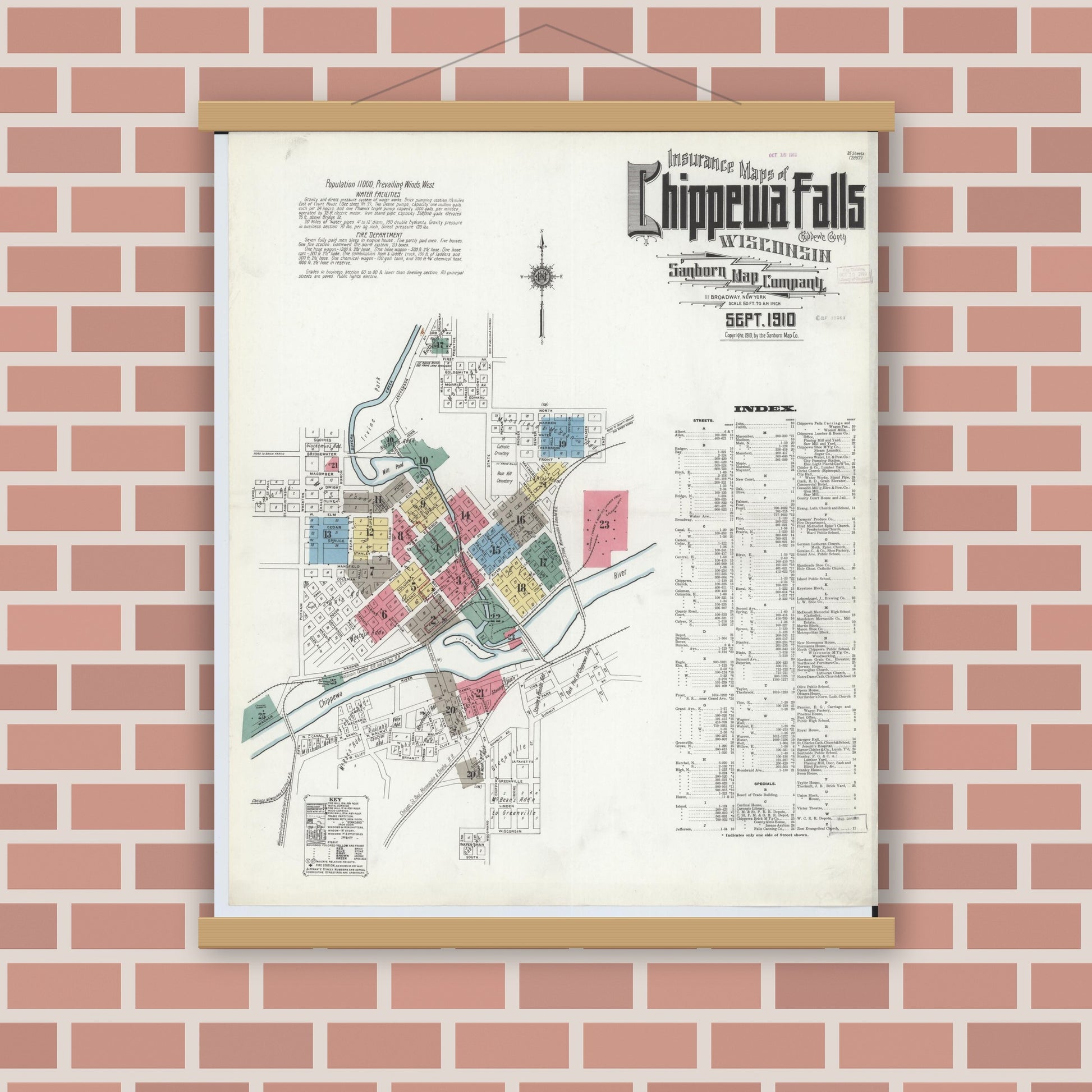 Old map wall art mockup — magnetic wood frame on brick wall — Sanborn Fire Insurance Map from Chippewa Falls, Chippewa County, Wisconsin (1910) - Complete Map Set
