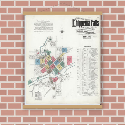 Old map wall art mockup — magnetic wood frame on brick wall — Sanborn Fire Insurance Map from Chippewa Falls, Chippewa County, Wisconsin (1910) - Complete Map Set