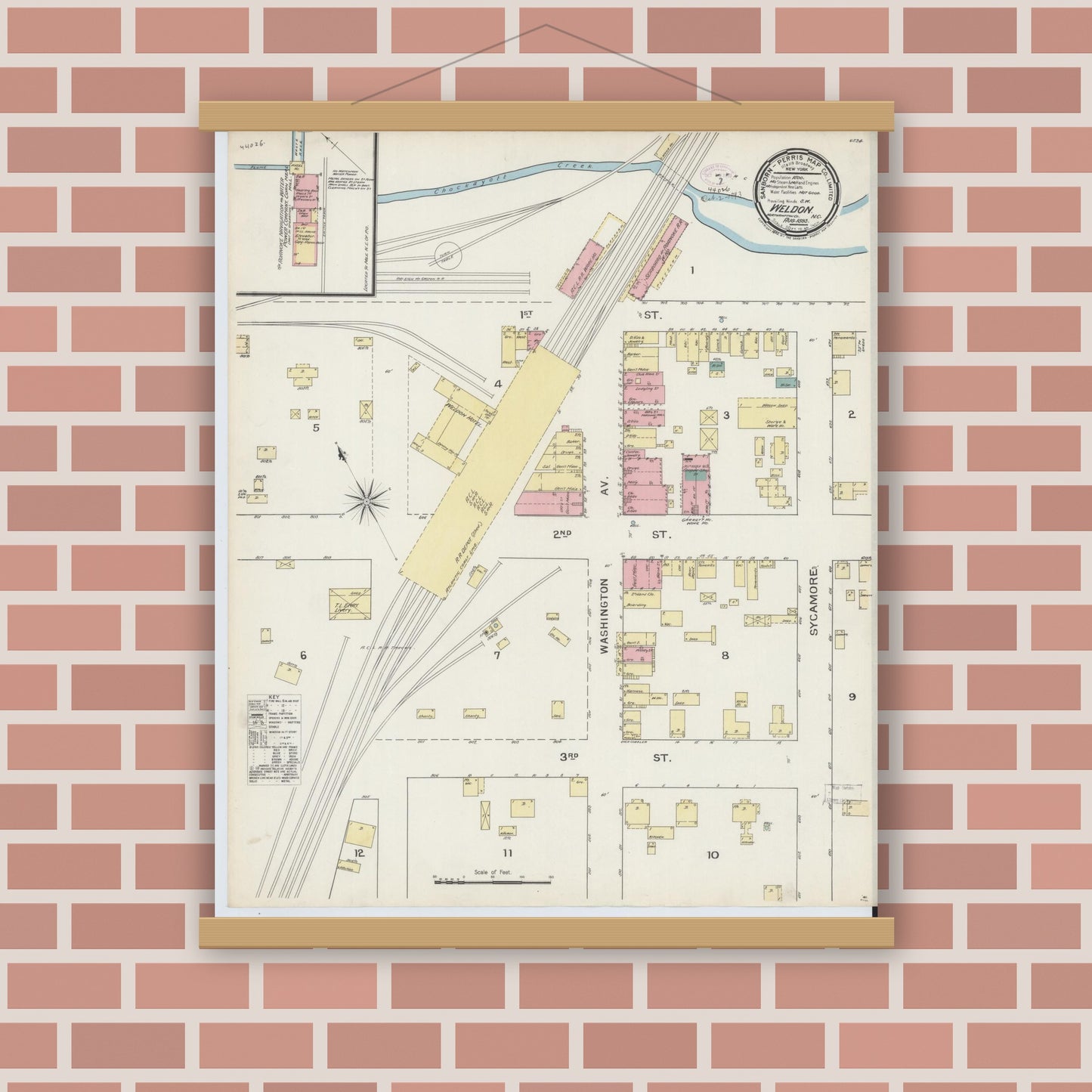 Old map wall art mockup — magnetic wood frame on brick wall — Sanborn Fire Insurance Map from Weldon, Halifax County, North Carolina (1893), Sheet #0001