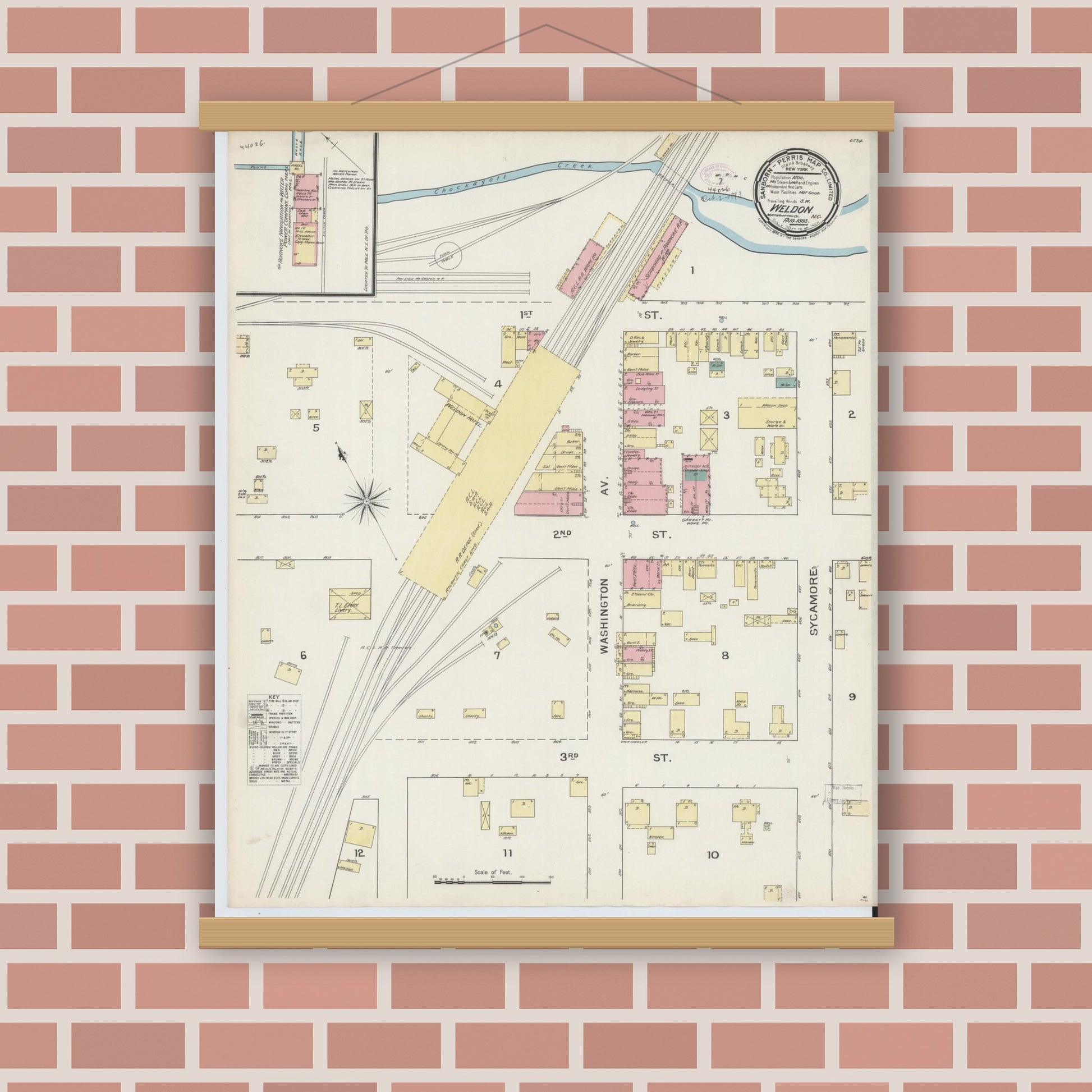 Old map wall art mockup — magnetic wood frame on brick wall — Sanborn Fire Insurance Map from Weldon, Halifax County, North Carolina (1893), Sheet #0001