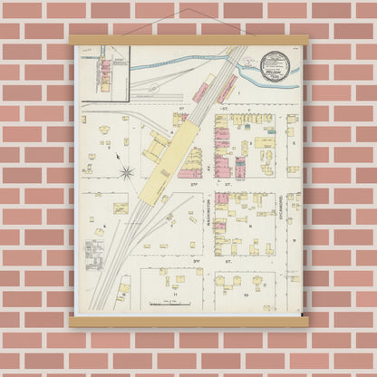 Old map wall art mockup — magnetic wood frame on brick wall — Sanborn Fire Insurance Map from Weldon, Halifax County, North Carolina (1893), Sheet #0001