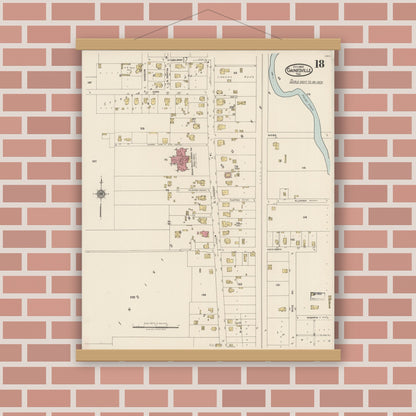 Old map wall art mockup — magnetic wood frame on brick wall — Sanborn Fire Insurance Map from Gainesville, Cooke County, Texas (1922), Sheet #0018