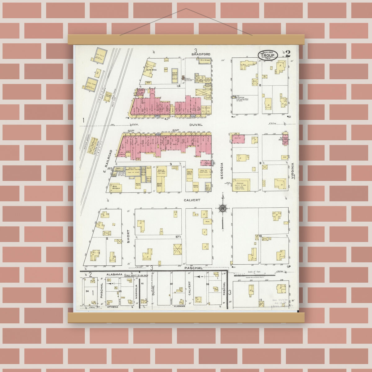 Old map wall art mockup — magnetic wood frame on brick wall — Sanborn Fire Insurance Map from Troup, Smith County, Texas (1919), Sheet #0002
