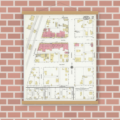 Old map wall art mockup — magnetic wood frame on brick wall — Sanborn Fire Insurance Map from Troup, Smith County, Texas (1919), Sheet #0002