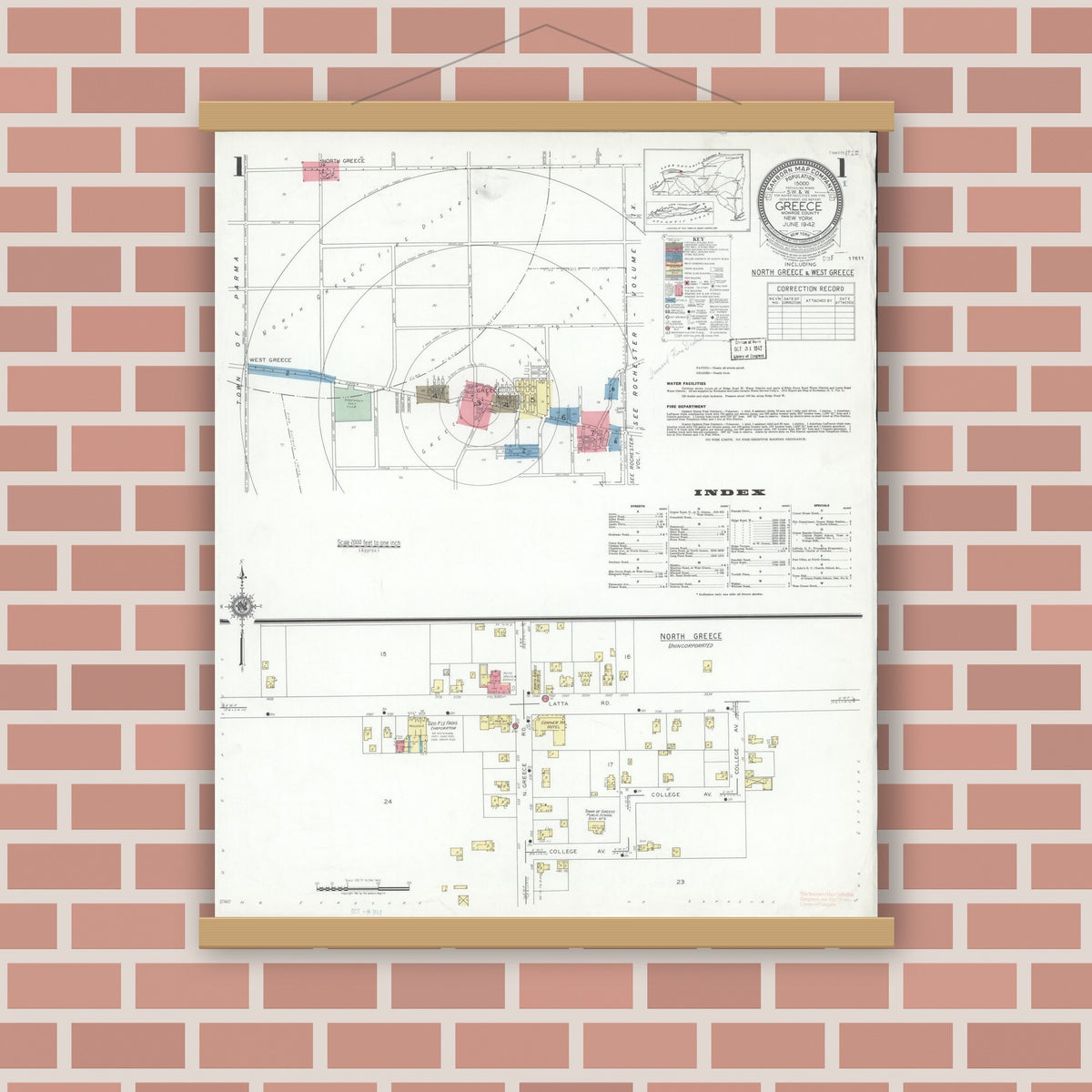 Old map wall art mockup — magnetic wood frame on brick wall — Sanborn Fire Insurance Map from Greece, Monroe County, New York (1942), Sheet #0001