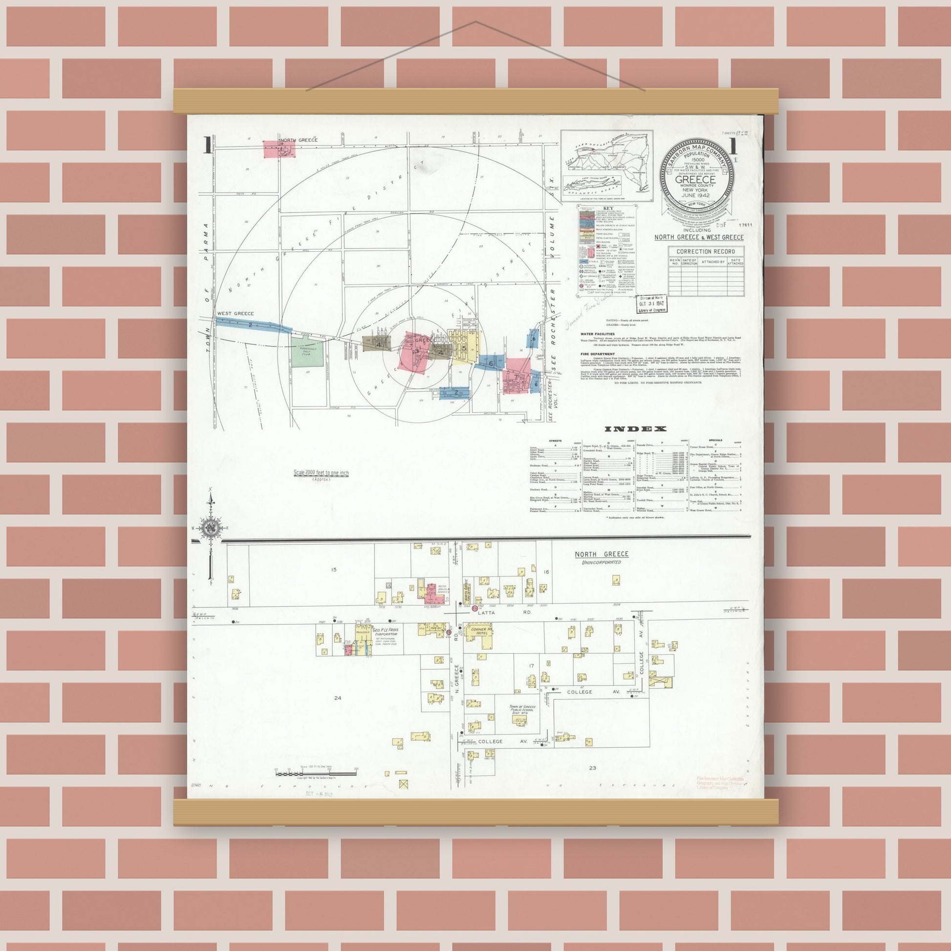 Old map wall art mockup — magnetic wood frame on brick wall — Sanborn Fire Insurance Map from Greece, Monroe County, New York (1942), Sheet #0001