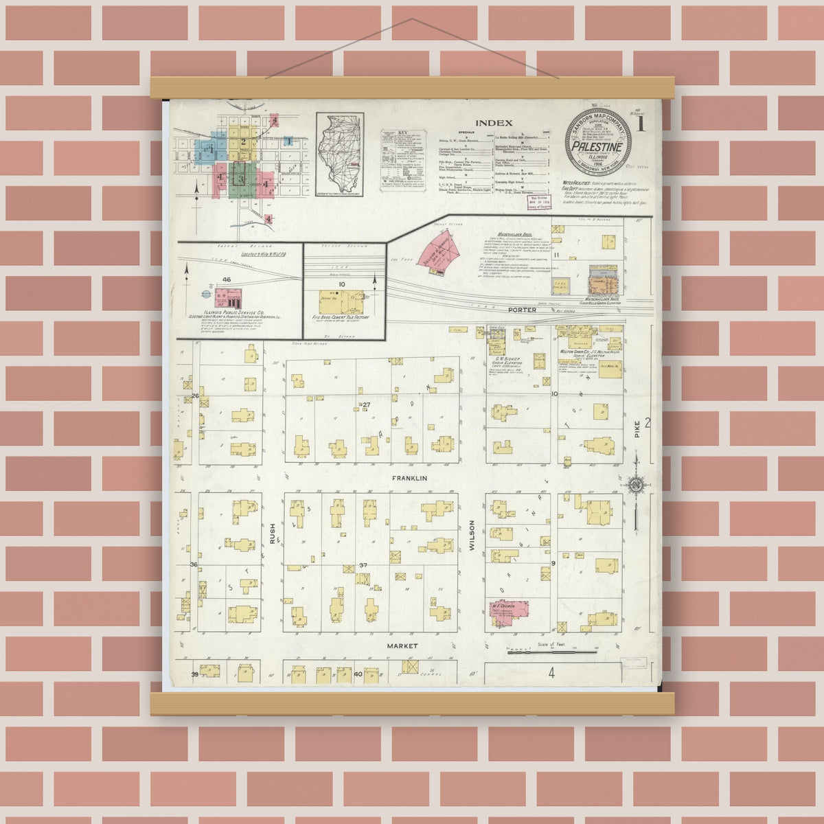 Old map wall art mockup — magnetic wood frame on brick wall — Sanborn Fire Insurance Map from Palestine, Crawford County, Illinois (1916), Sheet #0001