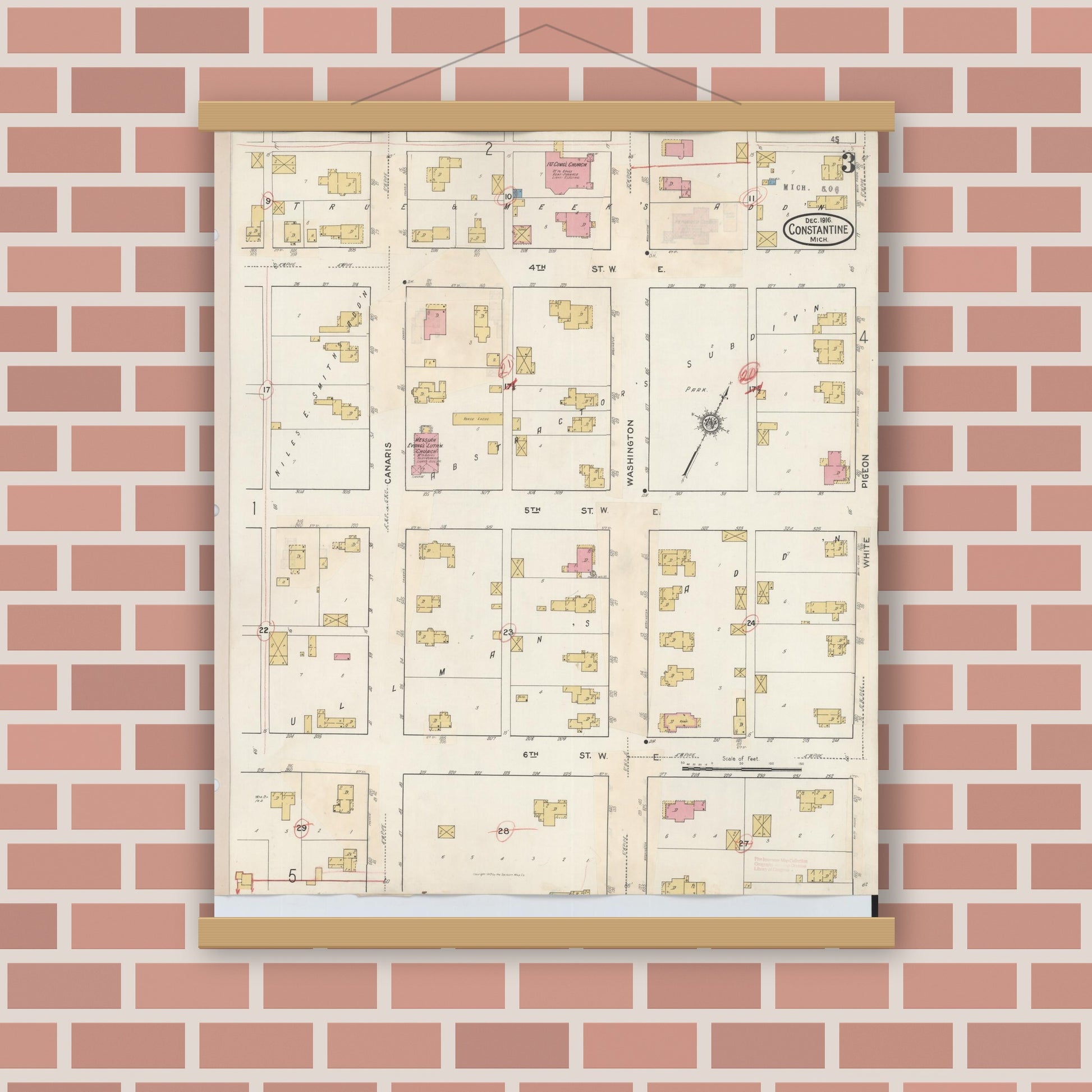 Old map wall art mockup — magnetic wood frame on brick wall — Sanborn Fire Insurance Map from Constantine, Saint Joseph County, Michigan (1932), Sheet #0003