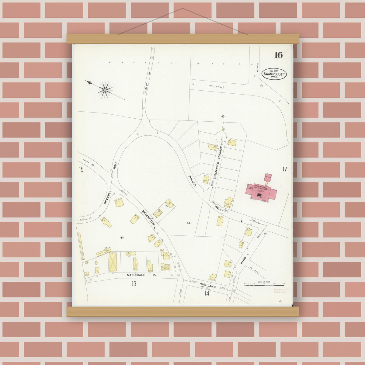 Old map wall art mockup — magnetic wood frame on brick wall — Sanborn Fire Insurance Map from Swampscott, Essex County, Massachusetts (1907), Sheet #0016