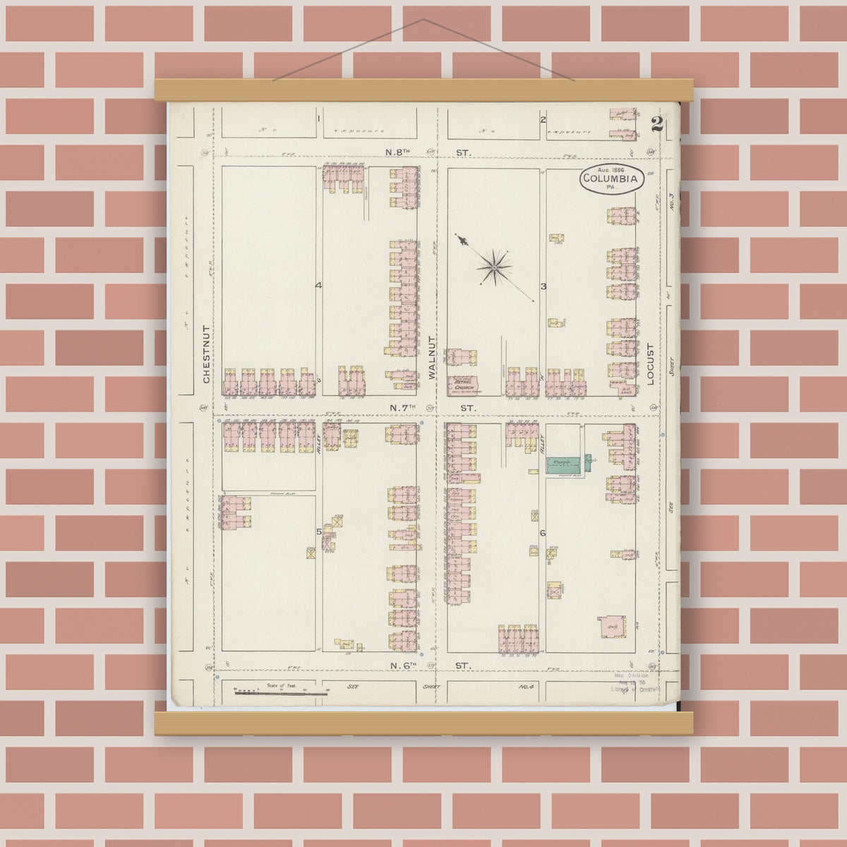 Old map wall art mockup — magnetic wood frame on brick wall — Sanborn Fire Insurance Map from Columbia, Lancaster County, Pennsylvania (1886), Sheet #0002