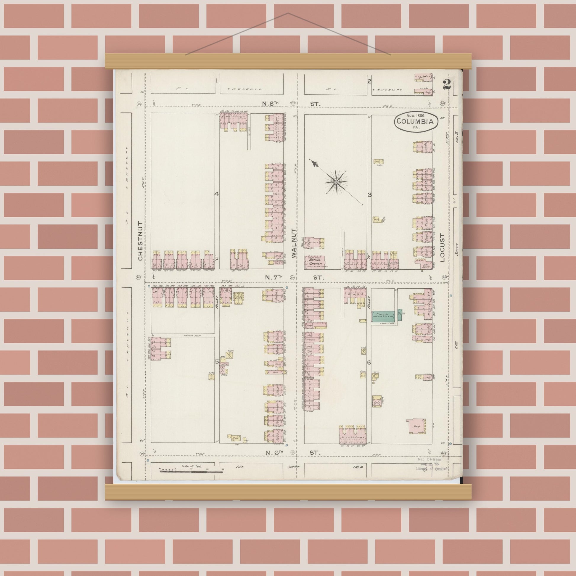 Old map wall art mockup — magnetic wood frame on brick wall — Sanborn Fire Insurance Map from Columbia, Lancaster County, Pennsylvania (1886), Sheet #0002