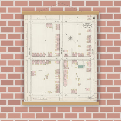 Old map wall art mockup — magnetic wood frame on brick wall — Sanborn Fire Insurance Map from Columbia, Lancaster County, Pennsylvania (1886), Sheet #0002