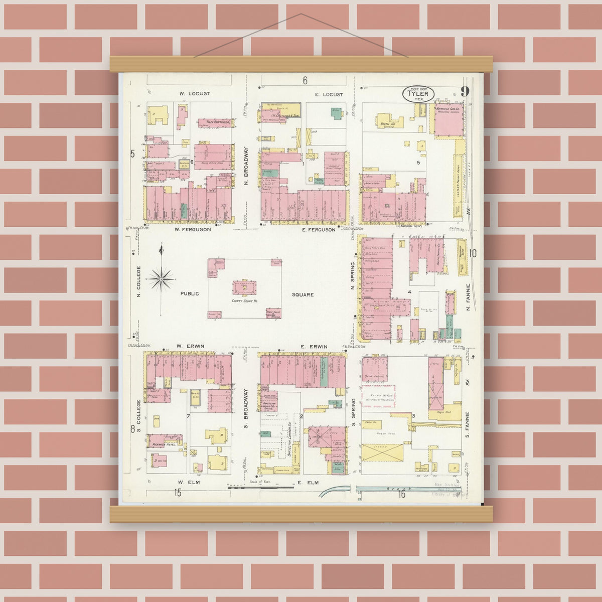 Old map wall art mockup — magnetic wood frame on brick wall — Sanborn Fire Insurance Map from Tyler, Smith County, Texas (1907), Sheet #0009