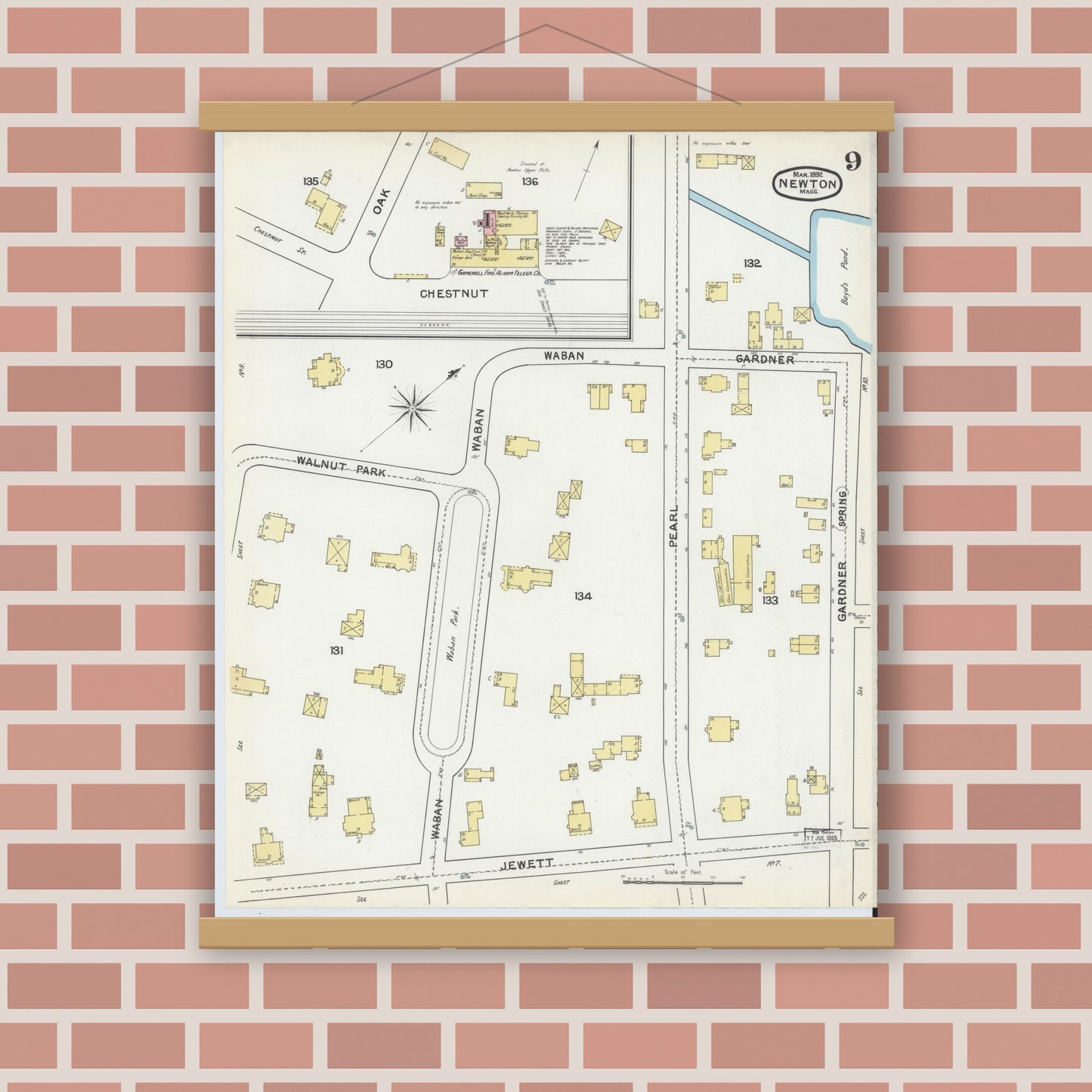 Old map wall art mockup — magnetic wood frame on brick wall — Sanborn Fire Insurance Map from Newton, Middlesex County, Massachusetts (1892), Sheet #0009