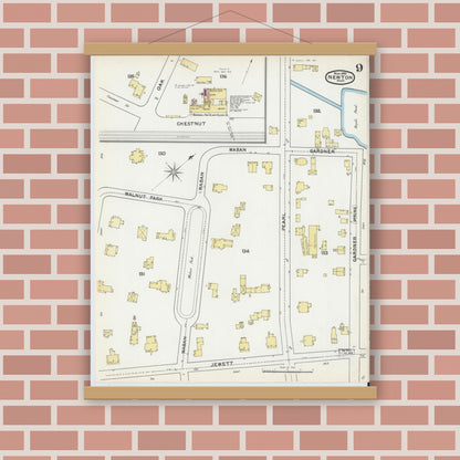 Old map wall art mockup — magnetic wood frame on brick wall — Sanborn Fire Insurance Map from Newton, Middlesex County, Massachusetts (1892), Sheet #0009