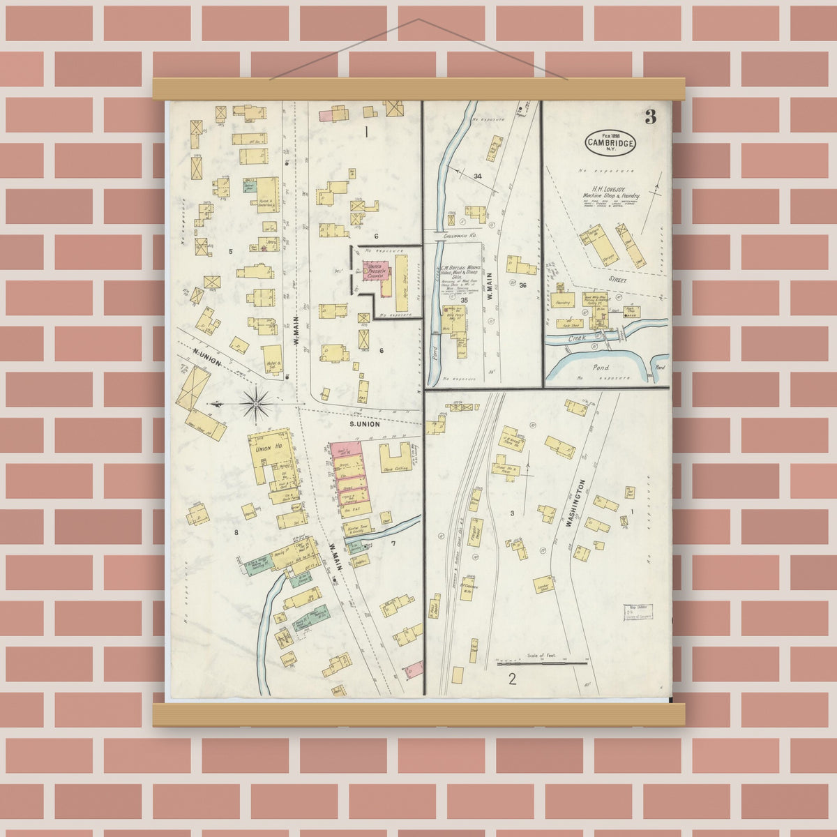 Old map wall art mockup — magnetic wood frame on brick wall — Sanborn Fire Insurance Map from Cambridge, Washington County, New York (1898), Sheet #0003