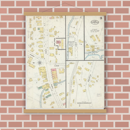 Old map wall art mockup — magnetic wood frame on brick wall — Sanborn Fire Insurance Map from Cambridge, Washington County, New York (1898), Sheet #0003